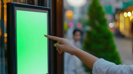 Individual touching green screen in urban environment