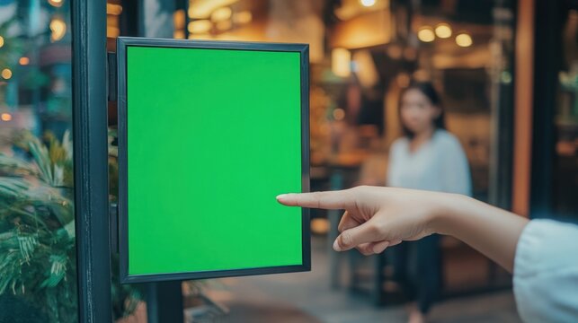 Hand pointing at green framed touchscreen near cafe