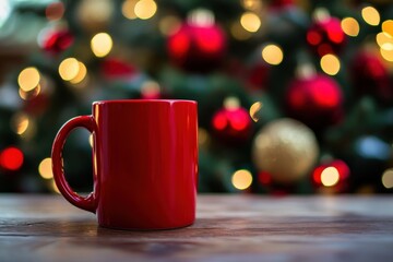 Red Mug Mockup with Blurred Christmas Tree and Ornaments in Background