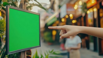 Hand touching green screen amidst lively background