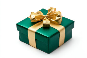 green gift box wrapped with gold bow and ribbon isolated on white background
