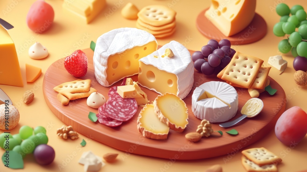 Poster A vibrant cheese platter featuring various cheeses, meats, fruits, and crackers for sharing.