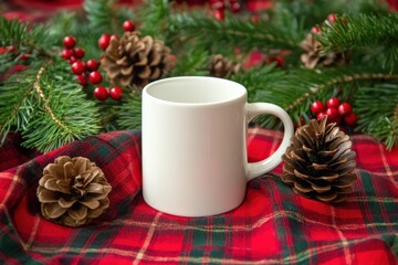 White Mug Mockup on Plaid with Christmas Pinecones and Berries