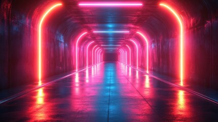 Fototapeta premium A concrete tunnel illuminated by vibrant pink and blue neon lights, reflecting off the wet floor The contrasting colors create a mesmerizing visual effect
