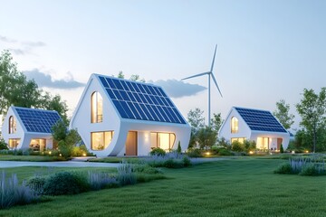 Obraz premium Futuristic eco friendly homes showcasing sleek minimalist architecture with curved lines and geometric shapes