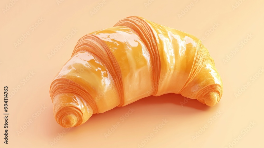 Wall mural A glossy, golden croissant on a soft orange background, emphasizing its flaky texture.