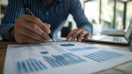Fototapeta premium Person analyzing financial data with a pen and laptop