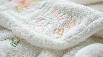 A close-up of soft, embroidered fabric featuring floral designs, showcasing a cozy and plush texture, perfect for home decor or comfort items.