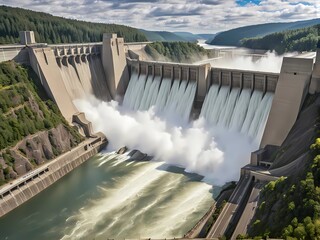 Dam hydroelectric plants harness river flow, generating clean electricity, supporting environmental sustainability through renewable energy technology