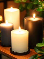 Serene ambiance with glowing candles green foliage