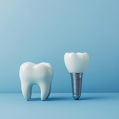 Dental care essentials on blue background: Tooth models, toothbrush, dental implants, and tools showcasing oral hygiene, dentistry, and modern dental care.