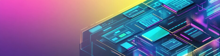 Abstract digital design featuring geometric shapes and vibrant colors, suggesting technology.