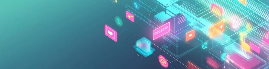 Abstract digital illustration with colorful icons representing technology and connectivity.