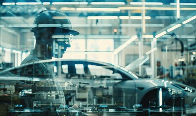 Engineer in silhouette, with EV car production facility overlaid in double exposure. Free copy space for banner.