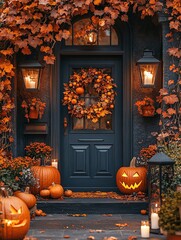 Halloween pumpkin decorations. Pumpkin for decorated house. Halloween Decorated at front yard of a American home. Halloween decorated front door with pumpkins.