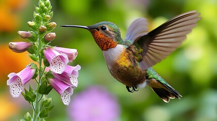 Fototapeta premium Colorful hummingbird hovering near pink flower in vibrant garden.
