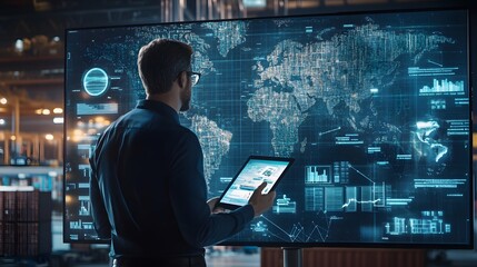 Fototapeta premium Man Analyzing Global Data on a Large Screen Display