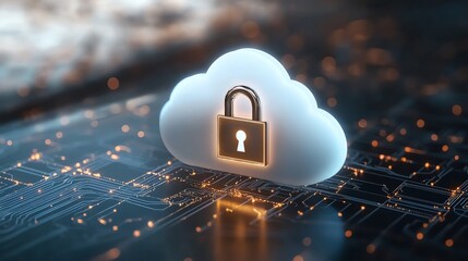 Digital cloud with a lock icon representing cloud security and data protection on a circuit background.