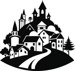 Village and cityscape vsilhouette vector art illustration design with no background, mountain and landscape house and home silhouette graphics design