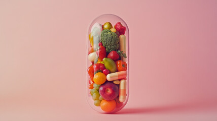 Fototapeta premium Fruits and vegetables inside a large capsule against a pink background illustrating the concept of healthy living and nutrition