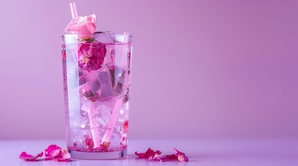 Trendy eco idea can rose ripple isolated drink with clear purple backdrop