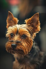 Naklejka premium Adorable Yorkshire Terrier with expressive eyes, patiently waiting for a treat, close-up portrait.