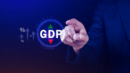 GDP business concept, GDP Gross Domestic Product Gross Domestic Product GDP improvement concept, Arrow and charts, Business growth measure for size of economy compiled for country.