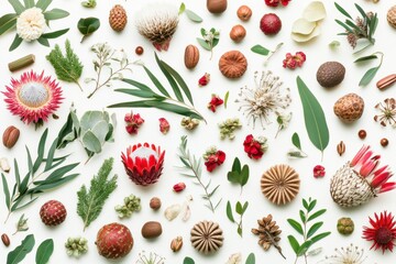 Exotic botanical assortment on white background