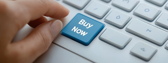 Close up shot of a hand finger clicking the  Buy Now  button on the keyboard of an e commerce website showcasing the ease and accessibility of online shopping and digital transactions