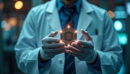 A Man Holding a Futuristic Microchip in Cleanroom Environment
