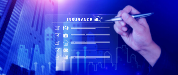 Online Insurance concept, insurance and assurance icons including family health real estate car and financial for risk management concept, Online insurance.