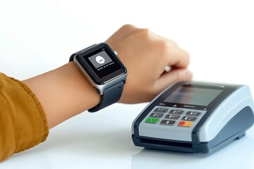 Close up view of a hand wearing a sleek high tech smartwatch making a contactless payment at a streamlined touch screen point of sale terminal set against a clean