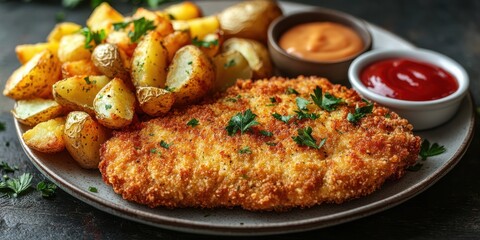 A Crispy Breaded Cutlet Served with Golden Fried Potato Wedges and Two Dipping Sauces