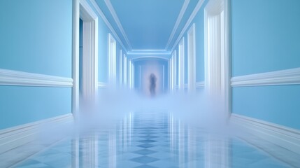 Fototapeta premium A hallway stretching endlessly, walls morphing into a nightmarish landscape, with a screaming figure vanishing down the corridor.