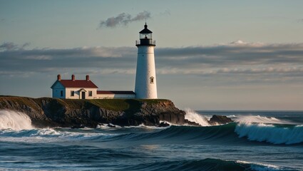 Naklejka premium lighthouse on the shore at sunset