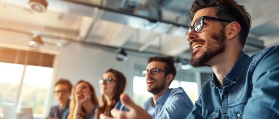 A dynamic business team in a meeting room listening attentively to a presenter who is speaking and gesturing