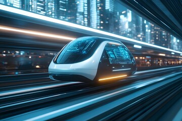 Fototapeta premium Concept art of a levitating futuristic electric vehicle navigating an ultramodern cityscape featuring sleek streamlined design glowing energy conduits and holographic displays for advertising