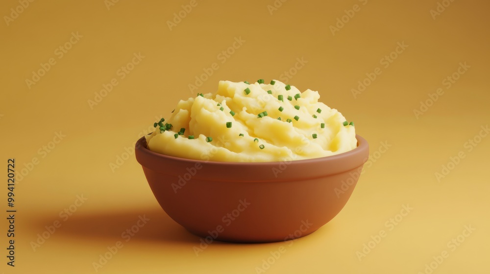 Poster A bowl of creamy mashed potatoes garnished with green chives against a yellow background.