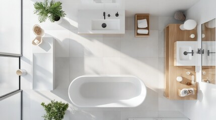Aerial view of a modern bathroom layout featuring a sleek bathtub, sink, and shower, all elegantly arranged on a clean white background.