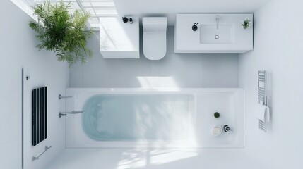 Aerial view of a modern bathroom layout featuring a sleek bathtub, sink, and shower, all elegantly arranged on a clean white background.