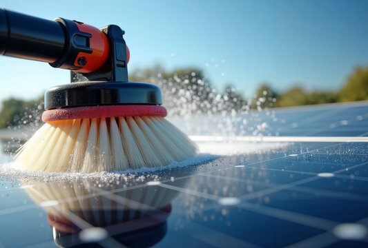 Solar Panel Maintenance. A brush cleaning solar panels.