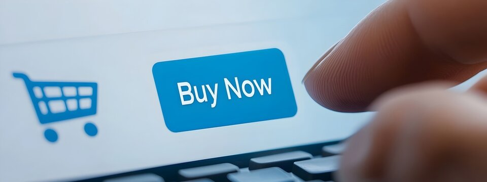 Close up shot of a person s hand clicking the  Buy Now  button on an e commerce website showcasing the ease and accessibility of online shopping for consumers