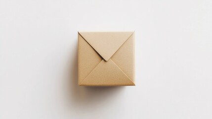 Minimalist shot of a kraft paper box, folded and sealed, set against a pure white background, representing sustainable packaging.