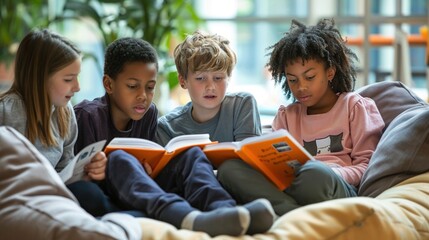 Group of diverse elementary students participating in a collaborative reading activity with books and a comfortable reading nook