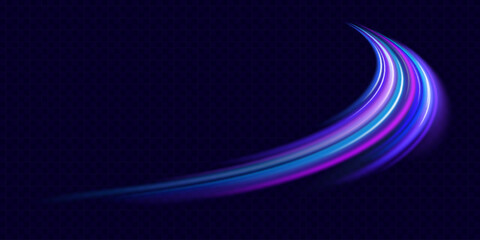Abstract neon light rays background. A Colorful Motion Background of City Light Trails. Purple glowing wave swirl, impulse cable lines. Long time exposure. Vector