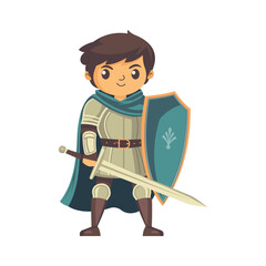 Boy dressed as a knight with a sword and shield vector illustration