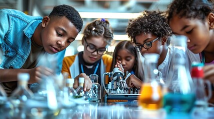 Group of diverse students working together on a science project in a modern classroom