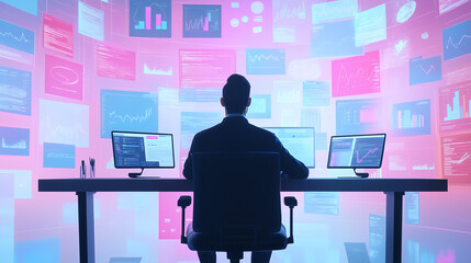 A headhunter sits in a modern workspace surrounded by digital profiles and creative portfolios, evaluating candidates for their innovation and originality. The background features