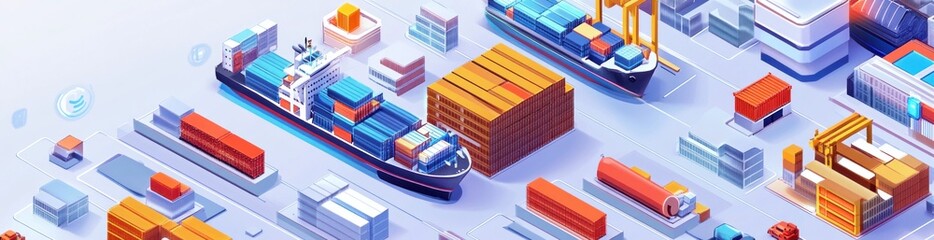 Obraz premium A digital illustration of a busy shipping port with containers and cargo ships.