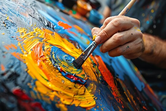 Artists  hands creating a vibrant landscape on canvas, showcasing creativity and skillful technique